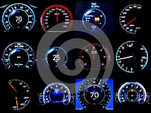 Composite image of dozen mileages speedometers