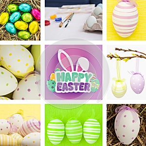 Composite image of easter eggs grouped together on straw