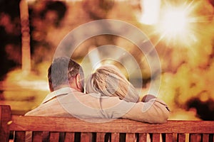 Composite image of elderly couple sitting on the bench with their back to the camera