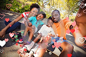 Composite image of family and hearts 3d