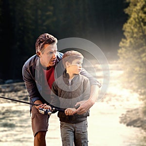 Composite image of father teaching his son fishing