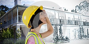 Composite image of female architect in hard hat looking away against white background