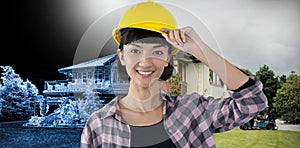 Composite image of female architect in hard hat standing against white background