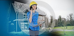 Composite image of female architect talking on mobile phone