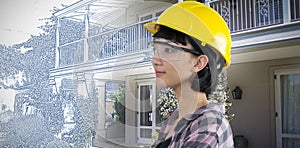 Composite image of female architect wearing hard hat and safety glasses against white background