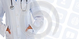 Composite image of female doctor standing with hands in pocket