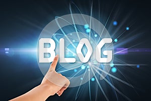 Composite image of female hand pointing