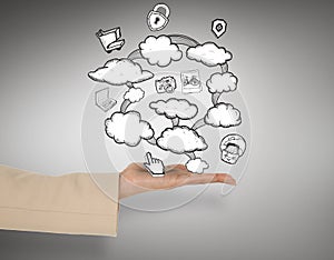 Composite image of female hand presenting cloud computing graphic