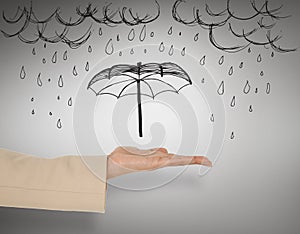 Composite image of female hand presenting umbrella