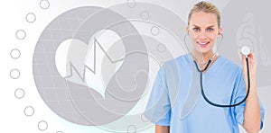 Composite image of female surgeon using stethoscope over white background