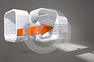 Composite image of figure with orange arrow on abstract screen photo