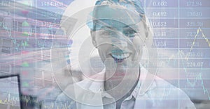 Composite image of financial data processing against against caucasian female doctor smiling