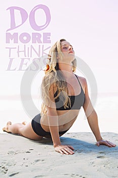 A Composite image of fit blonde in cobra pose on the beach