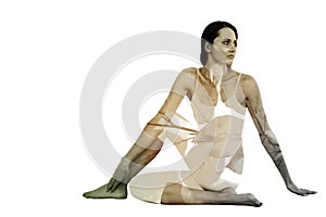 Composite image of fit woman doing the half spinal twist pose in fitness studio