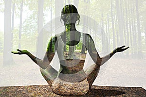 Composite image of fit woman sitting in lotus pose