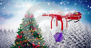 Composite image of flying drone pulling chirstmas sledge