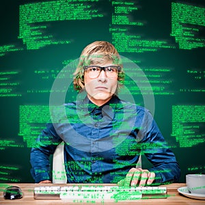 Composite image of focused hipster businessman using computer