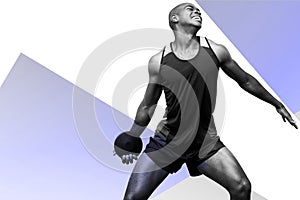 Composite image of front view of sportsman practising discus throw