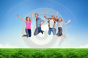 Composite image of full length of friends jumping