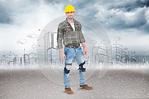 Composite image of full length portrait of confident handyman