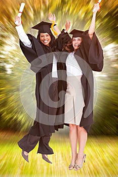 Composite image of full length of two women celebrating in the air