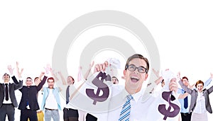 Composite image of geeky happy businessman holding bags of money