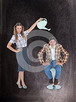 A Composite image of geeky hipster watering her boyfriend