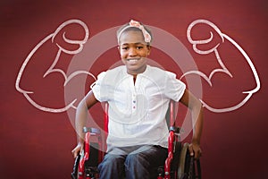 Composite image of girl sitting in wheelchair in school corridor