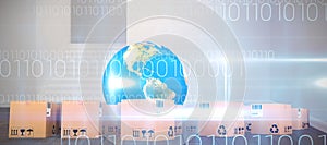Composite image of globe and cardboard boxes against white background
