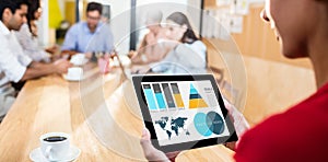 Composite image of graphic image of business presentation with charts and map