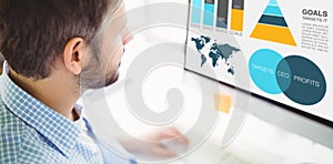 Composite image of graphic image of business presentation with charts and map