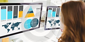 Composite image of graphic image of business presentation with charts and map