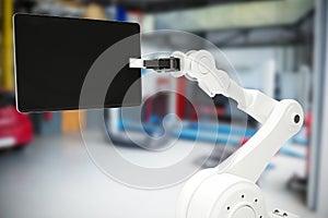 Composite image of graphic image of robot holding digital tablet 3d