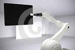 Composite image of graphic image of robot holding digital tablet 3d