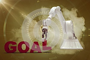 Composite image of graphic image of robotic arm arranging goal text 3d