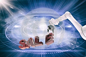 Composite image of graphic image of robotic arm arranging sale text 3d