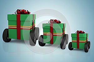 Composite image of green gift box with wheels