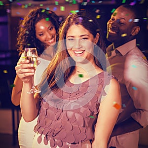 Composite image of group of young friends having fun while holding drink