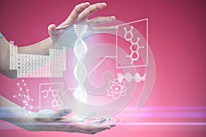 Composite image of hands gesturing against pink background