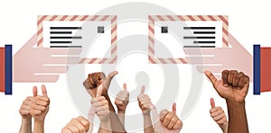 Composite image of hands giving thumbs up