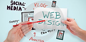 Composite image of hands holding card and pencil