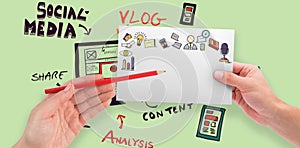 Composite image of hands holding card and pencil