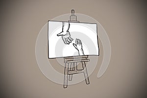 Composite image of hands joining doodle on easel