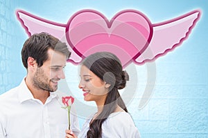 Composite image of handsome man offering his girlfriend a rose