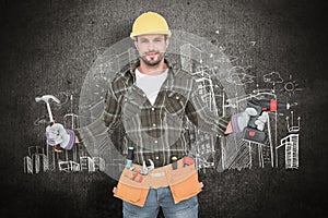 Composite image of handyman wearing tool belt
