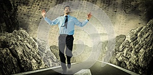 Composite image of happy businessman running with hands up