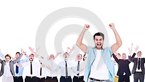 Composite image of happy casual man cheering at camera