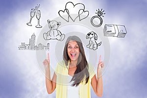 Composite image of happy casual woman pointing up