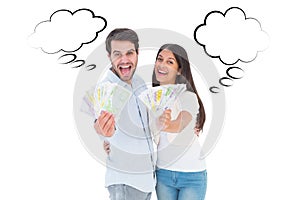 Composite image of happy couple showing their money