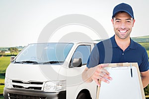 Composite image of happy delivery man with package and clipboard